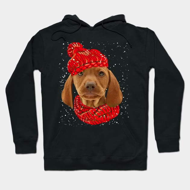 Vizsla Wearing Red Hat And Scarf In Snow Christmas Hoodie by Gearlds Leonia